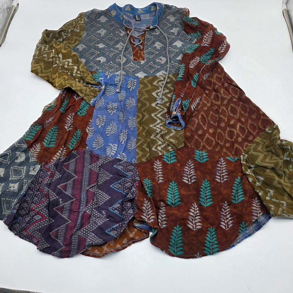 Boho Sacred Threads Patchwork Tunic Dress W S/M Multicolor Lace Up Tie Back